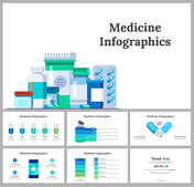 Collection of slides featuring medicine bottles, pills, and medical infographics, in blue and white accents.