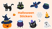 Playful Halloween sticker set showcasing spooky elements like a black cat, cauldron, bat, spider web, and haunted house.