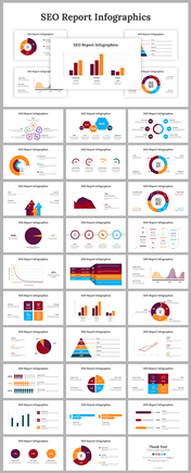 SEO report infographic slide deck showcasing various data charts, bar graphs, pie charts, and flow diagrams in bold colors.