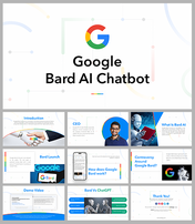 Google Bard AI Chatbot slide deck displaying images of introduction, CEO, AI features and comparisons, in blue accents.