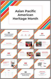 Slide deck with colorful striped designs showing Asian Pacific American Heritage Month, history, importance, and population.