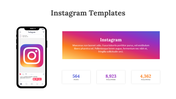 Instagram slide featuring a smartphone with the Instagram logo, post statistics, and a gradient text box.