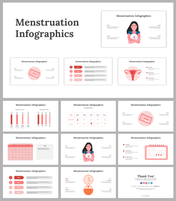 Slide deck with visual elements about menstruation including charts, calendars, and anatomical diagrams in red accents.