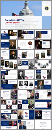 Pack of slides with portraits and profiles of U.S. Presidents, using blue and white color schemes and American flag motifs.