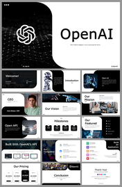 Slide deck about openAI with black and white themes, showcasing mission, vision, milestones, and pricing services.