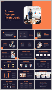 Annual Review Pitch Deck with various business slides, including problem, solution, and SWOT analysis sections on dark theme.