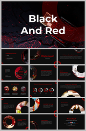 Black and red themed slide deck with text, circular elements, and images related to perfume creation steps.