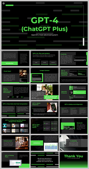 GPT 4 slide deck with a minimalist black background and bright green accents, detailing features and pricing.