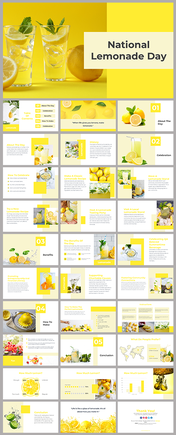 Slide deck with lemon and lemonade imagery, showing steps to make, benefits, and celebration ideas in yellow color theme.