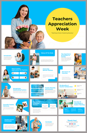 Slide deck with images of teachers and students in blue and yellow design, and informative text layouts.