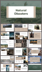 Natural disasters slide deck with earthy tones, covering earthquakes, hurricanes, floods, droughts, and wildfires.