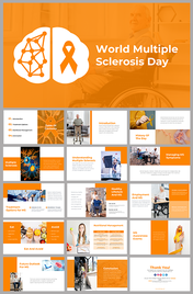 World multiple sclerosis day slide deck cover with an orange theme and slide previews about MS awareness and information.