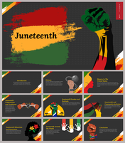 Juneteenth slide pack with red, yellow, and green elements, featuring fists, chains, cultural symbols, and dark backgrounds.