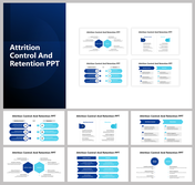 Blue and turquoise slide deck discussing attrition control and employee retention with various informative layouts.