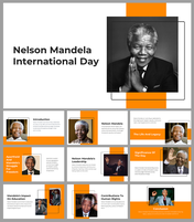 Nelson Mandela slide deck, combining impactful images and a clean orange and white theme, emphasizing his legacy.