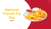 National French fry day presentation slide deck featuring a plate of fries with ketchup and mayonnaise.