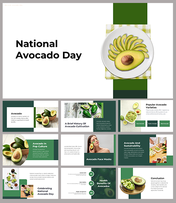 A slide deck about national avocado day, highlighting its varieties, uses in pop culture, and health benefits.