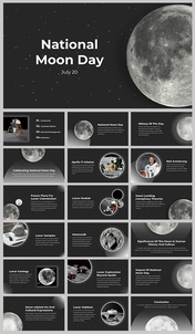 Slide deck with dark backgrounds and moon visuals, discussing lunar landings, apollo missions, and space exploration topics.