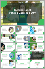 International plastic bag free day slides with images of plastic bags, and reducing its use, with green accents.