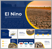 Slide deck with drought affected landscapes, its impact on agriculture, and oceanic conditions, with yellow and blue accents.