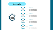 Clean agenda slide with blue accents, featuring four steps numbered 01 to 04 in circular icons and captions on the right.