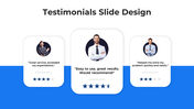 Three testimonial cards displayed with customer portraits, quotes, and star ratings against a blue and white background.