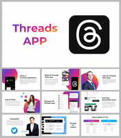 Slide deck with a large black threads app icon, showcasing text and images with colorful, gradient backgrounds.