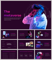 Metaverse slide deck with sections from benefits to future possibilities, in a futuristic design.