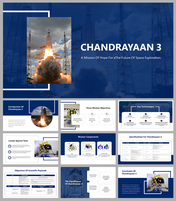 A pack of chandrayaan 3 slides with visuals of the rocket launch and details on mission objectives and technologies.