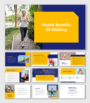 Slide deck about walking benefits, featuring a woman running and slides in yellow and blue designs.