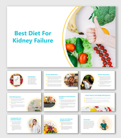 Kidney failure diet slides featuring key sections on nutrition and individual dietary considerations with icons and text.