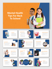 Back to school mental health tips slides covering organization, time management, stress relief, and social connections.