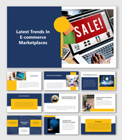 E-commerce trends slide pack with a modern layout in blue and yellow, discussing integration, advancements, and strategies.