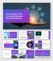 Slide deck with a blue and purple theme, showcasing circular AI icons and case studies presented with images and text blocks.