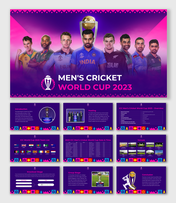 A pack of colorful men's cricket world cup 2023 slides featuring team captains, tournament details, and venue information.