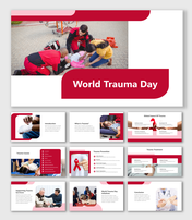 Cover slide deck for trauma with emergency scene image, red and white design, and placeholders texts.