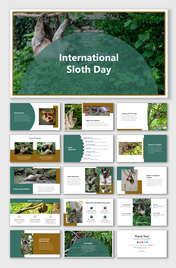 Green and brown themed slide deck with images of sloths, covering behaviors, types, and conservation efforts.