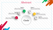 Abstract slide featuring a circular central element with six colored numbered captions arranged around it.