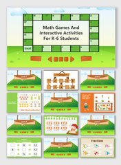 Slides featuring math games and activities designed for K 6 students, including levels and tasks on various layouts.