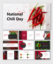 Slide deck with vibrant red chili pepper images, featuring history, global cuisine, spice levels, and cultural significance.