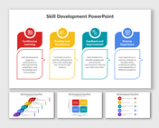 Colorful slide pack displaying the process of skill development with curved blocks and icons using various layouts.