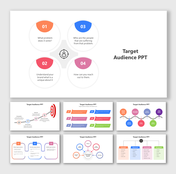 Slide deck with colorful circles and icons, focusing on target audience analysis, featuring flowcharts and diagrams.