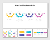 Life coaching slides with colorful boxes and arrows in step by step flow, focusing on personal growth and skill improvement.