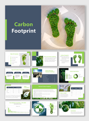 Slide deck with green leaf footprints, focusing on the types, equivalents, and reduction strategies of carbon.