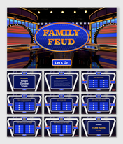 A pack of family feud games shows slides with vibrant visuals and sections for rules and questions on a blue theme