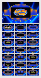 Family Feud-themed slide deck including game rounds, team names, and questions in orange details, on blue background.