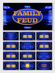 Family Feud slides with a game interface including rounds, score tracking, answer options, and a winner screen in a bright.