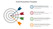 Goals template with a target and four  arrows, pointing to  different objectives, each pointing to a text placeholder.