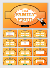 Orange themed Bible trivia game presentation with multiple choice questions, answers, and scoring rounds.