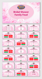 A pack of bridal shower family feud game board slides displaying rounds, questions, and winning amounts in a playful design.